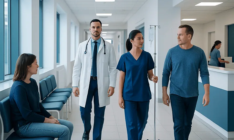 Medical professionals and patient walking in hospital corridor.