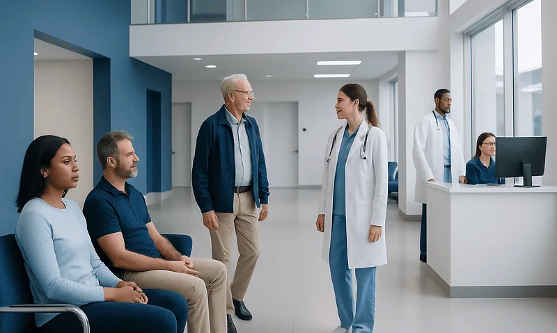 Doctor consulting with patients in a modern hospital lobby.