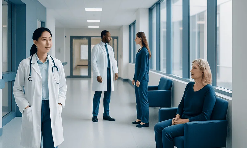 Medical professionals and patient in hospital corridor at Acibadem Hospitals Group.