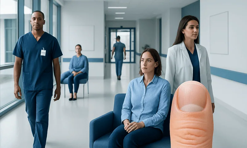 Medical professionals and patient in hospital corridor with a large finger model.