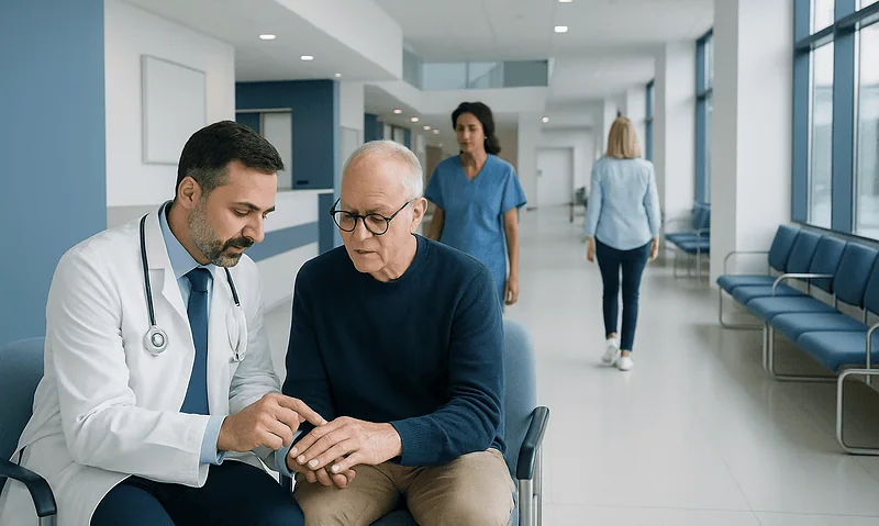 Doctor examining patient's fingernail in a modern hospital corridor.