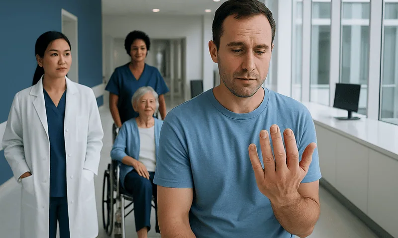 Man examining his hand in a hospital corridor with medical staff and patient in background.