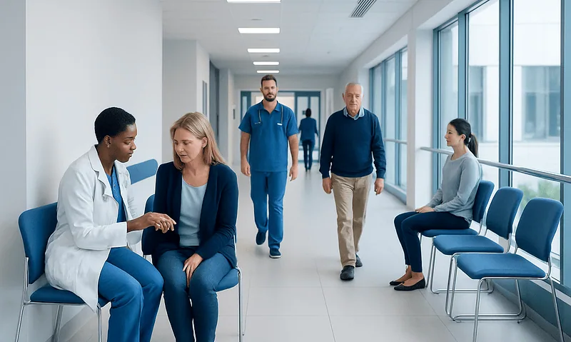 Doctor consulting with a patient in a modern hospital corridor.