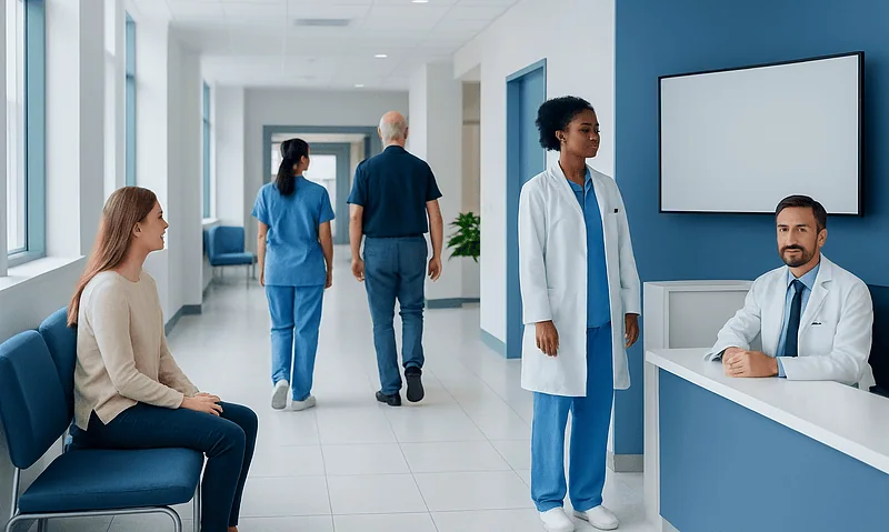 Hospital reception area with medical staff and patient waiting.