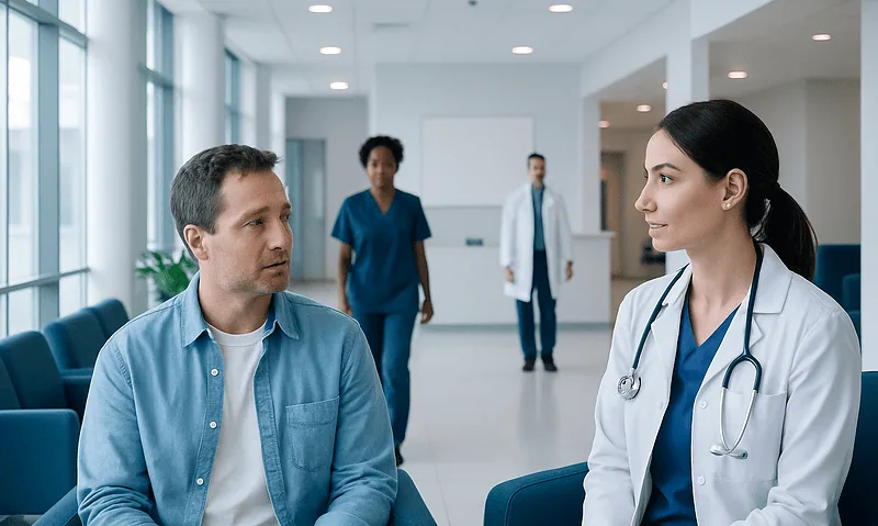 Doctor consulting a patient in a modern hospital setting.