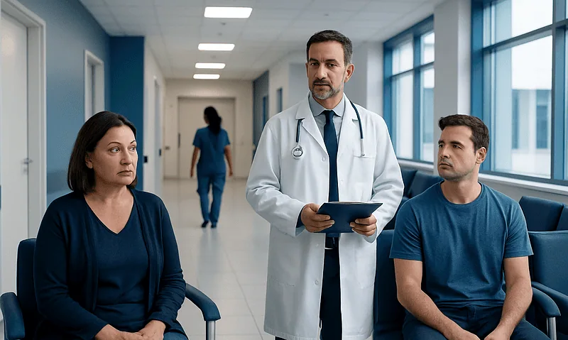 Doctor consulting with two patients in hospital corridor.