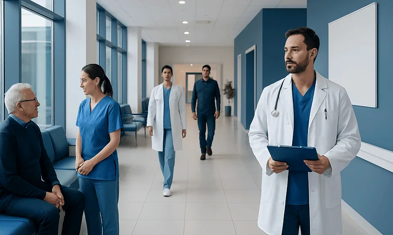 Medical team consulting with patient in hospital corridor.