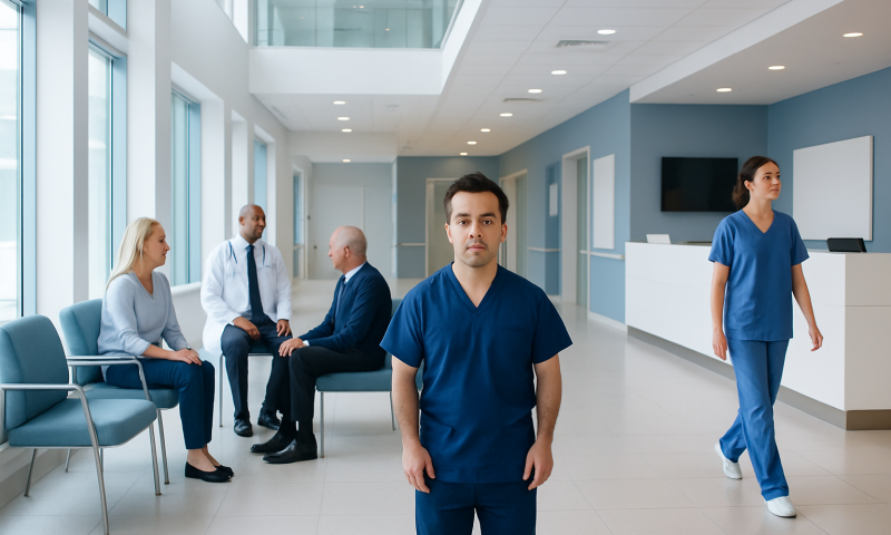Modern hospital corridor with healthcare professionals and patients.