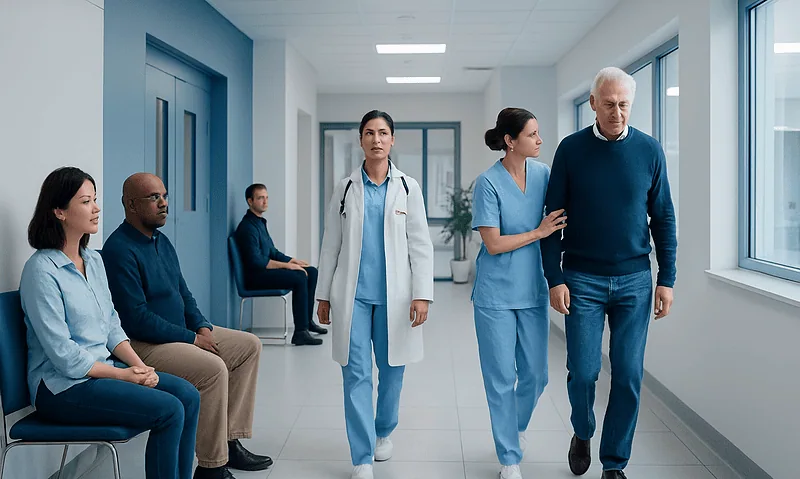 Medical staff assisting an elderly patient in a hospital corridor.