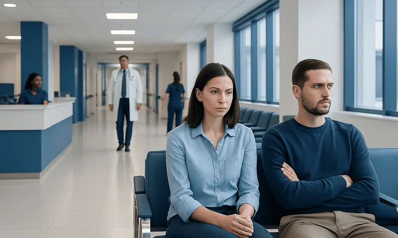 Patients waiting in a hospital corridor with medical staff in the background.