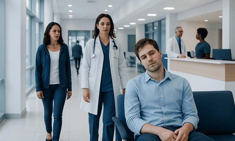 Hospital corridor with doctor and patients, healthcare setting.