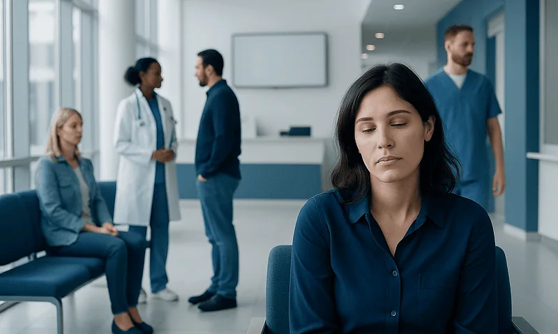 Patient experiencing sleep attack in hospital waiting area.