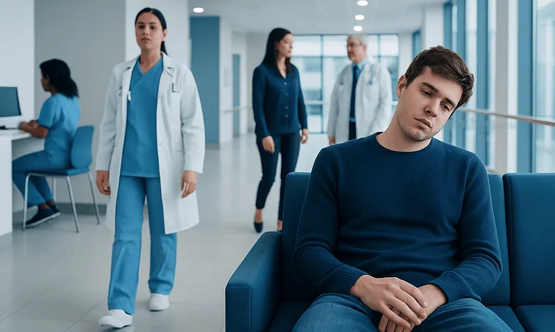Young man experiencing sleepiness in a hospital waiting area.