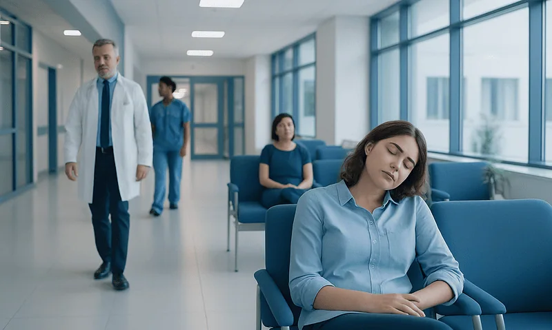 Young woman sleeping in a hospital waiting area with medical staff nearby.