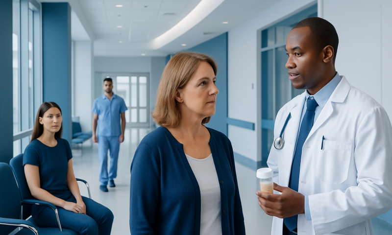 Doctor talking to a patient in a hospital corridor with two nurses in the background.