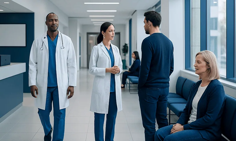 Medical professionals consulting with a patient in a hospital corridor.