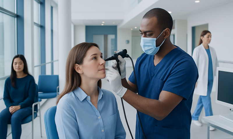 ENT specialist performs nasal endoscopy on patient in clinic.