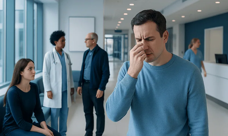 Man experiencing nasal discomfort in a hospital corridor.
