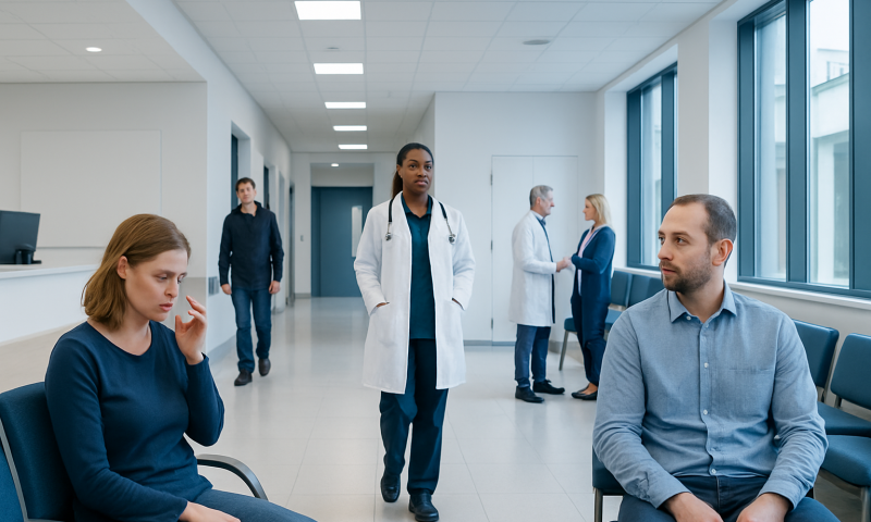 Patients waiting in a hospital corridor with medical staff present.