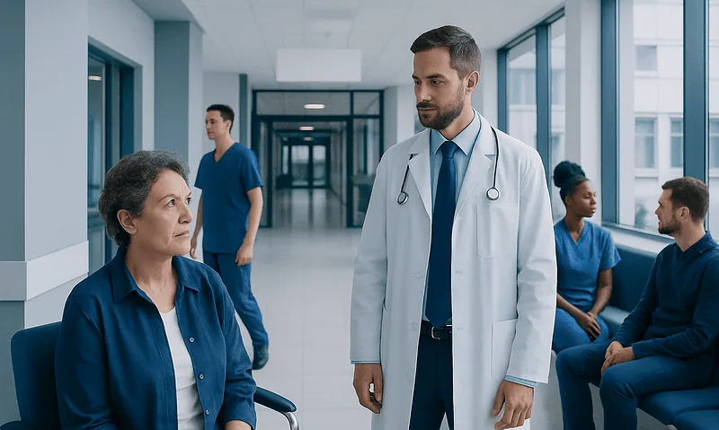 Doctor consulting a patient in a hospital corridor with staff in the background.