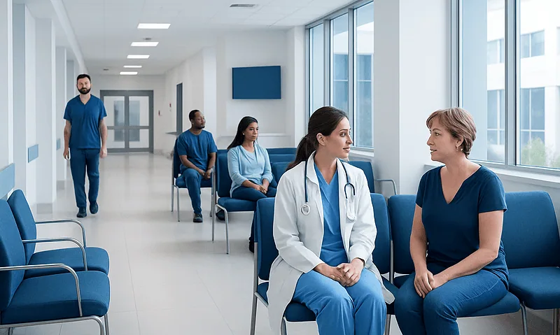 Medical consultation in a modern hospital waiting area with healthcare professionals and patients.