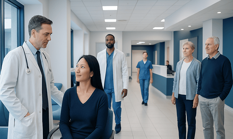Doctor consulting a patient in a hospital corridor with staff and visitors nearby.
