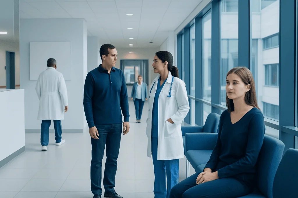 Natural Anti Swelling: What Works, What Does Not, and Safety Notes 1 Medical professionals and patient in hospital corridor at Acibadem Hospitals Group.