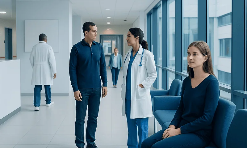 Medical professionals and patient in hospital corridor at Acibadem Hospitals Group.