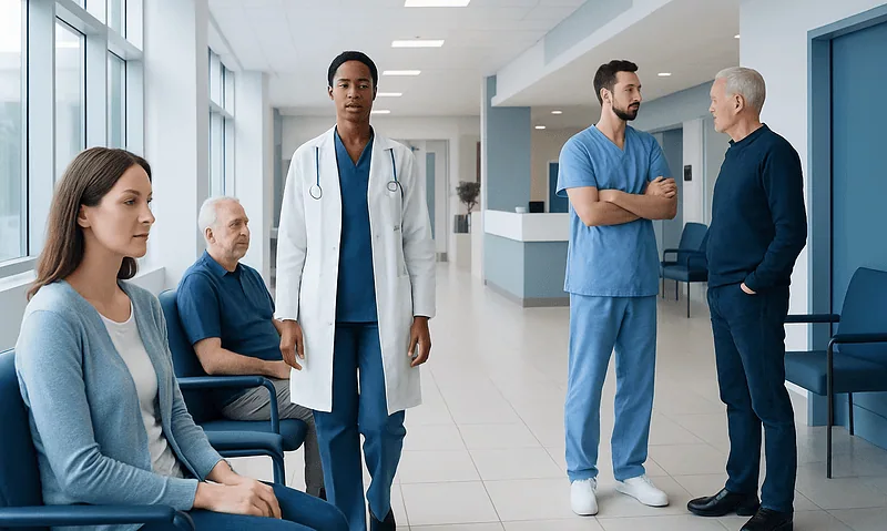 Medical team and patients in hospital corridor at Acibadem Hospitals Group.