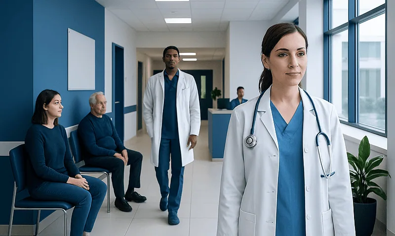 Healthcare professionals and patients in a modern hospital corridor.