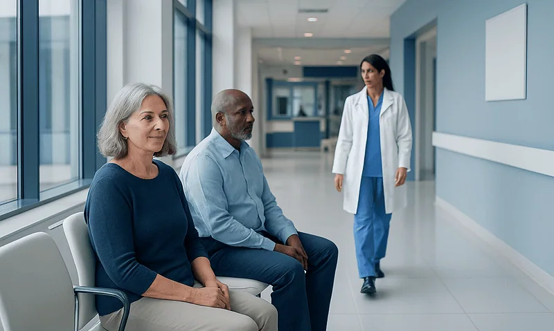 Patients waiting in a hospital corridor with a healthcare professional approaching.