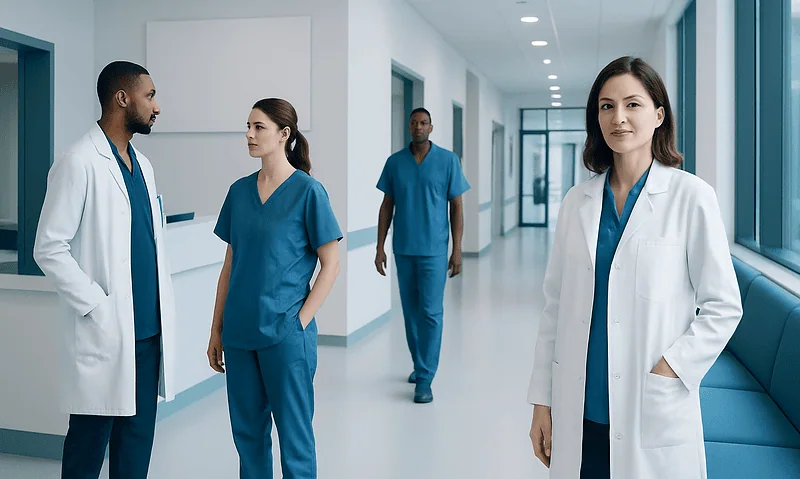 Medical team in hospital corridor with doctors and nurses in scrubs and lab coats.