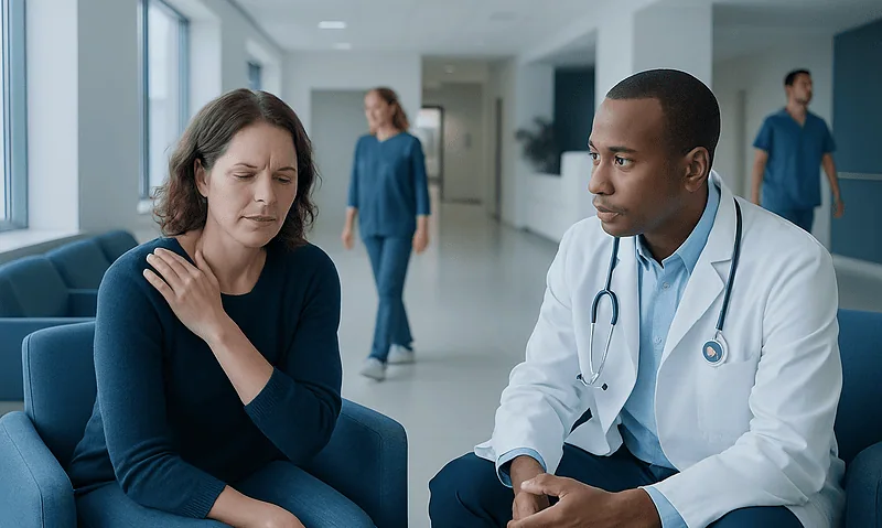 Doctor consulting with a patient experiencing shoulder pain in a hospital corridor.