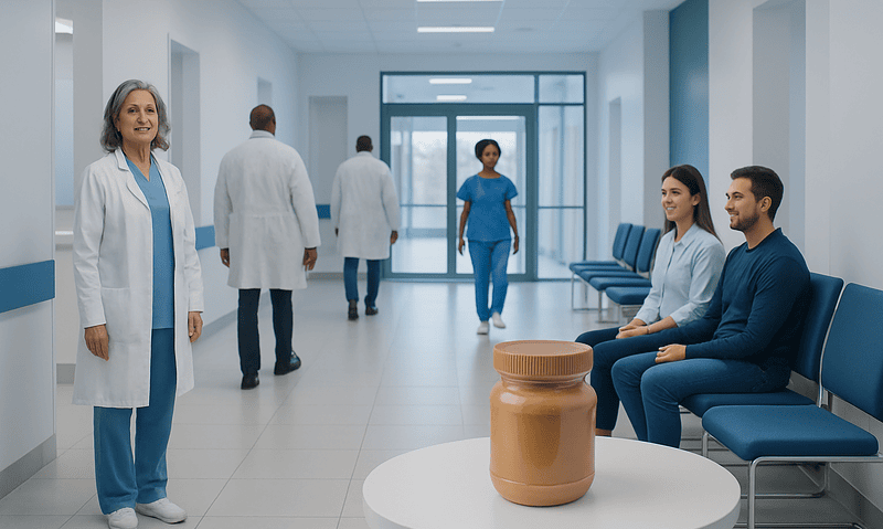 Hospital waiting area with medical staff and patients.