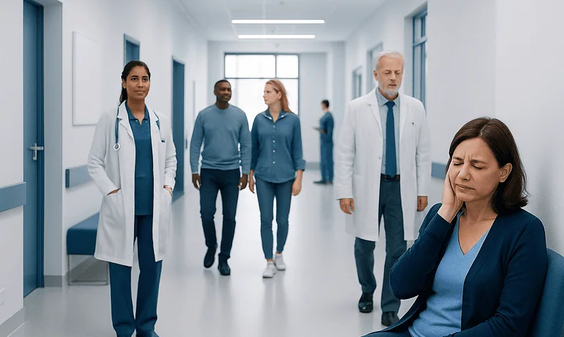 Patient experiencing ear discomfort in hospital corridor with medical staff nearby.