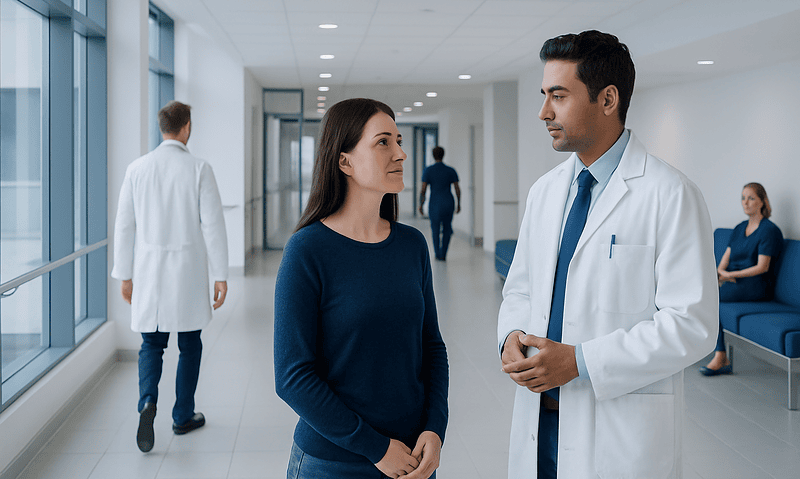 Medical consultation at Acibadem Hospital with doctor and patient in hallway.