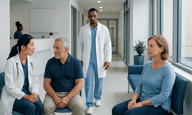 Doctor consulting with elderly patients in a hospital corridor.
