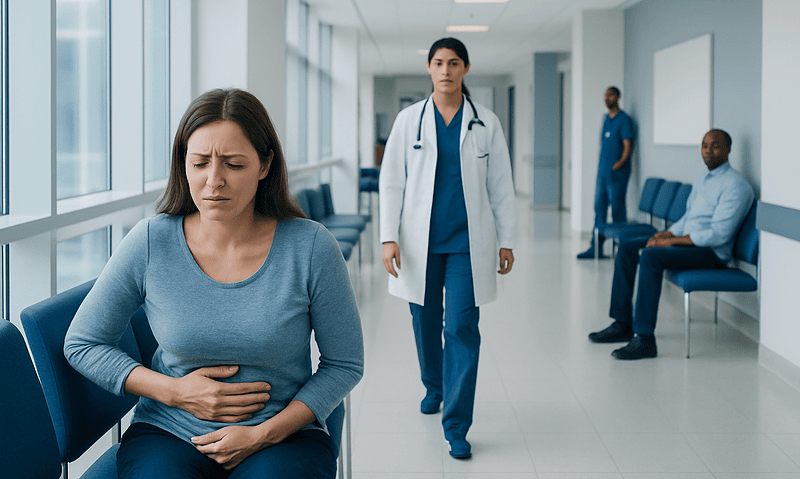 Health Library 16 Woman experiencing nausea in hospital corridor with medical staff nearby.