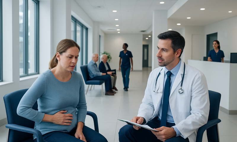 Doctor consulting with a patient in a modern hospital waiting area.