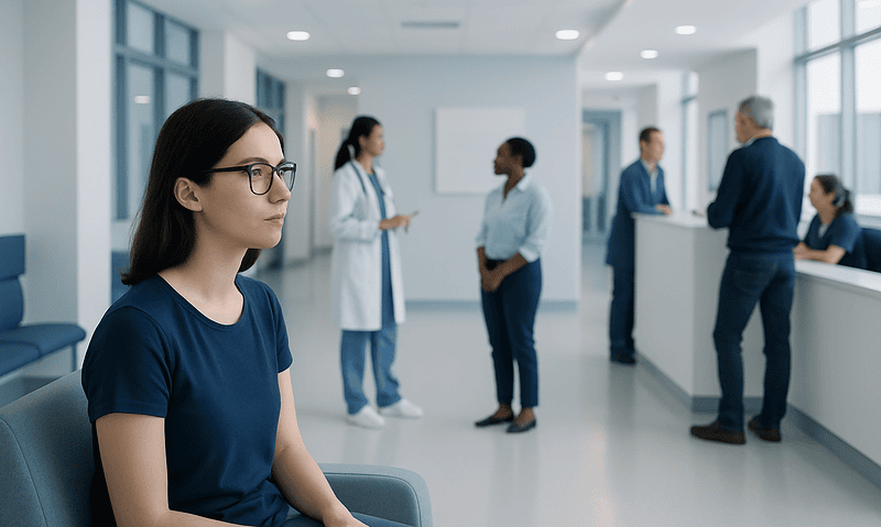 Near Sighted: What Patients Need to Know 12 Young woman patient waiting in hospital corridor with medical staff nearby.