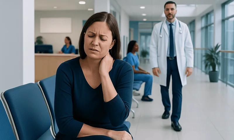 Woman experiencing neck pain at hospital waiting area with doctor nearby.