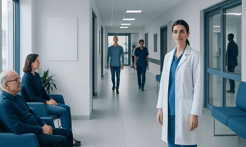 Healthcare professionals and patients in a modern hospital corridor.