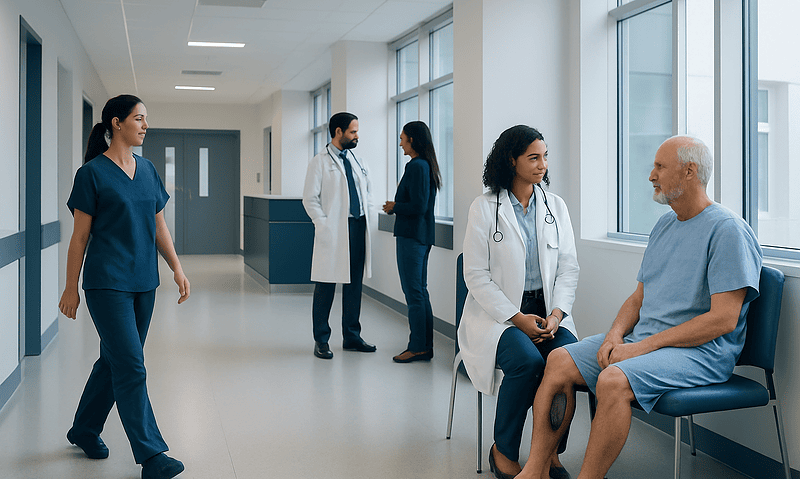 Medical team consulting with patient in hospital corridor at Acibadem Hospitals Group.
