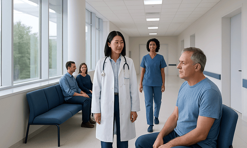Doctor consulting with a patient in a hospital corridor.