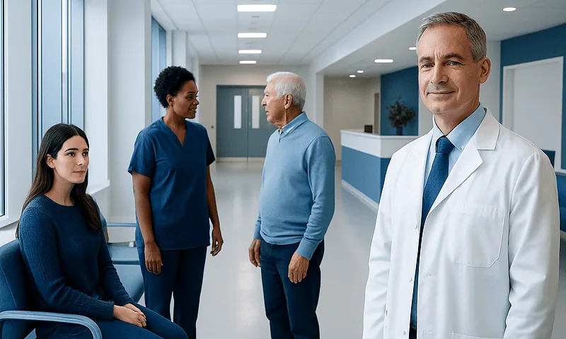 Doctor and patients in a hospital corridor, healthcare professionals discussing patient care.