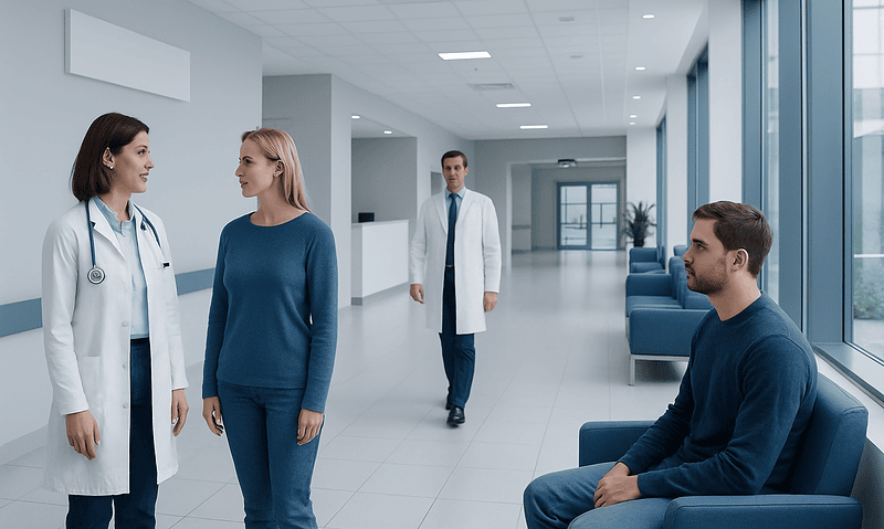 Medical consultation in a modern hospital corridor with healthcare professionals and patient.