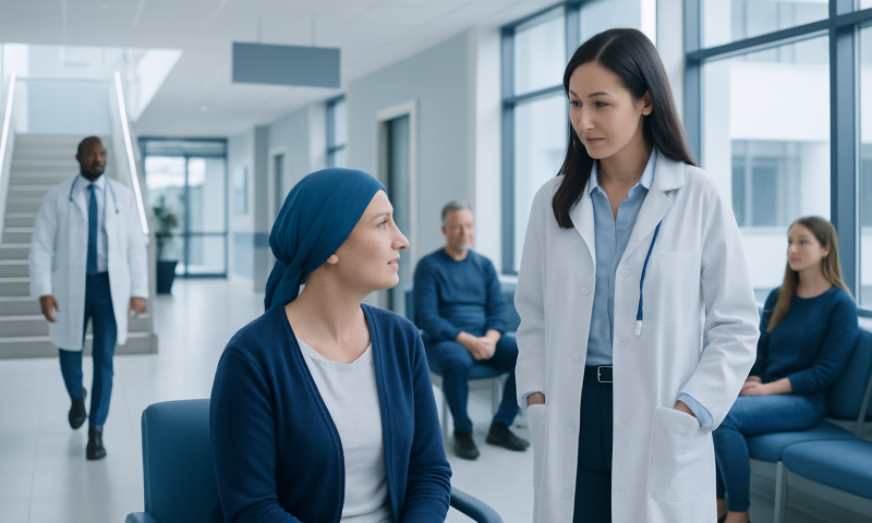 Doctor consulting a patient in a modern hospital waiting area.