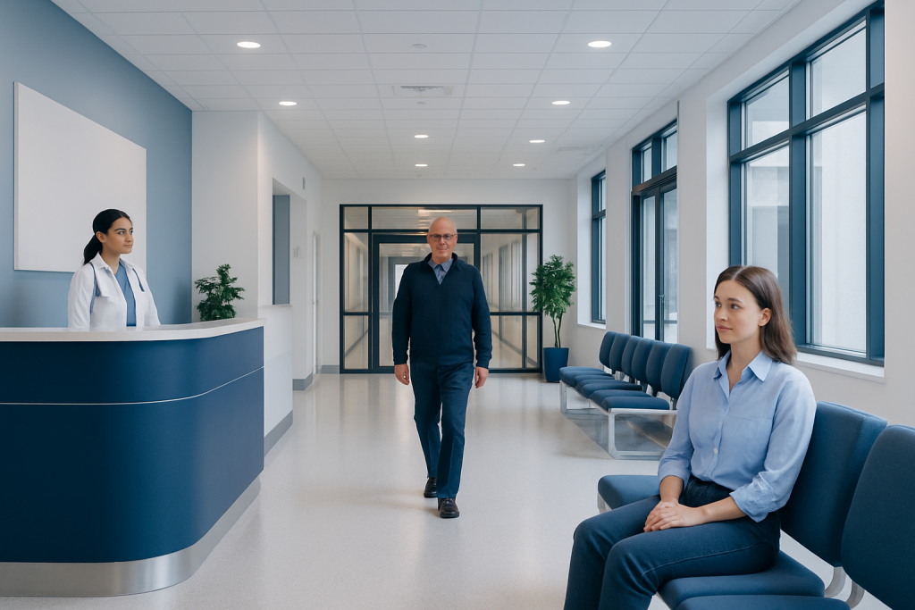 Neomycin — Explained by Medical Evidence, Not Myths 1 Modern hospital corridor with patients and staff at Acibadem Hospitals Group.
