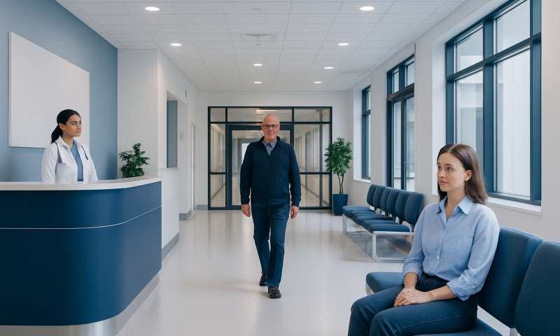 Modern hospital corridor with patients and staff at Acibadem Hospitals Group.