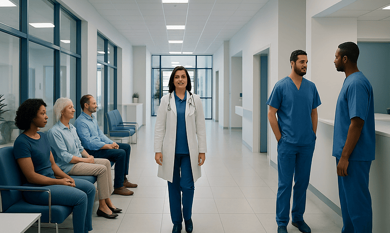 Healthcare professionals and patients in a modern hospital corridor.
